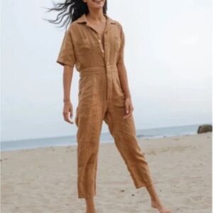 Mate The Label 100% Linen Short Sleeve Cropped Jumpsuit in Sedona Tan Size XS